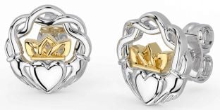White Yellow Gold Celtic Claddagh Stud Earrings