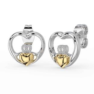 Gold Silver Claddagh Heart Dangle Earrings