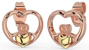 Rose Yellow Gold & Silver Claddagh Heart Dangle Earrings