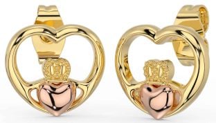 Rose Yellow Gold & Silver Claddagh Heart Dangle Earrings