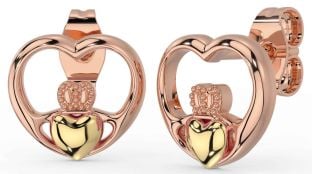 Rose Yellow Gold Claddagh Heart Dangle Earrings