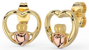 Rose Yellow Gold Claddagh Heart Dangle Earrings