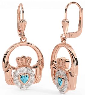 Diamond Aquamarine Rose Gold Silver Claddagh Dangle Earrings