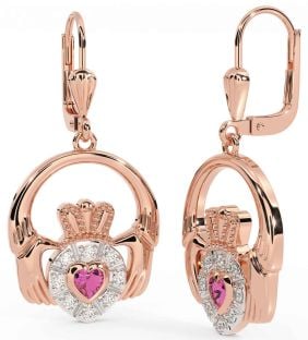 Diamond Pink Tourmaline Rose Gold Silver Claddagh Dangle Earrings