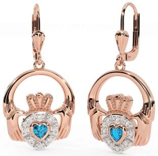 Diamond Topaz Rose Gold Silver Claddagh Dangle Earrings