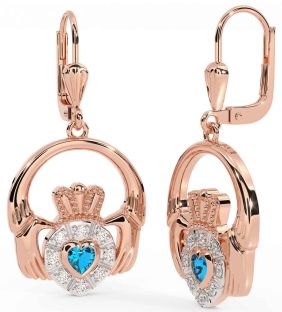 Diamond Topaz Rose Gold Silver Claddagh Dangle Earrings