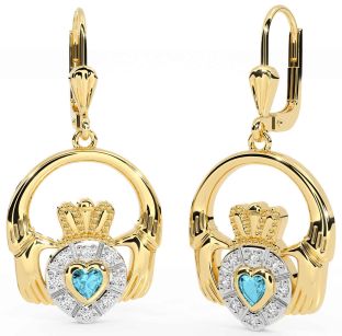 Diamond Aquamarine Gold Silver Claddagh Dangle Earrings
