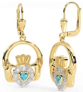 Diamond Aquamarine Gold Silver Claddagh Dangle Earrings