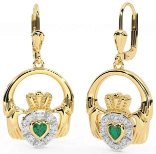 Diamond Emerald Gold Silver Claddagh Dangle Earrings