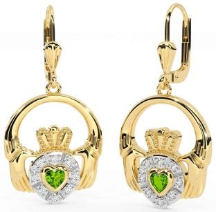 Diamond Peridot Gold Silver Claddagh Dangle Earrings