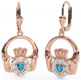 Diamond Topaz Rose Gold Claddagh Dangle Earrings