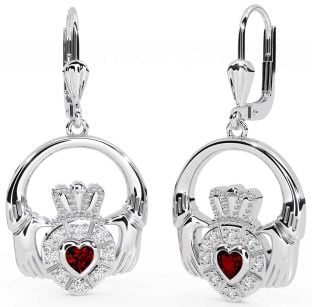 Diamond Garnet Silver Claddagh Dangle Earrings