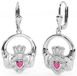 Diamond Pink Tourmaline Silver Claddagh Dangle Earrings