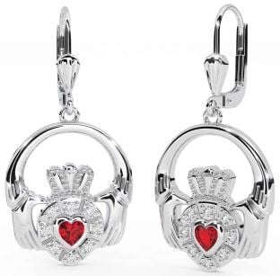 Diamond Ruby Silver Claddagh Dangle Earrings