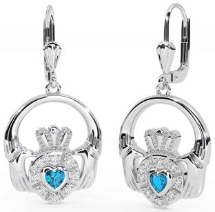 Diamond Topaz Silver Claddagh Dangle Earrings