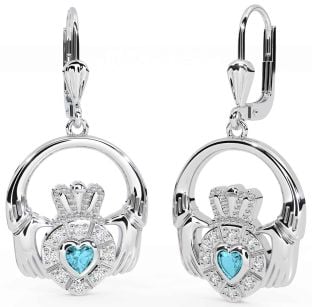 Diamond Aquamarine White Gold Claddagh Dangle Earrings