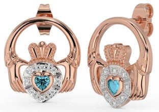 Diamond Aquamarine Rose Gold Silver Claddagh Dangle Earrings