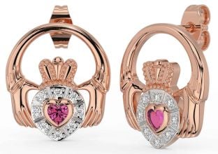 Diamond Pink Tourmaline Rose Gold Silver Claddagh Dangle Earrings