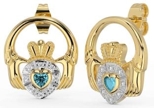 Diamond Aquamarine Gold Silver Claddagh Dangle Earrings