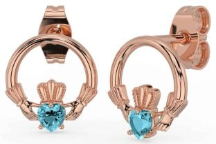 Aquamarine Rose Gold Silver Claddagh Stud Earrings