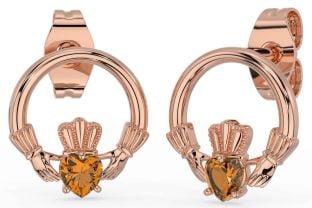 Citrine Rose Gold Silver Claddagh Stud Earrings