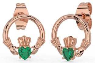 Emerald Rose Gold Silver Claddagh Stud Earrings