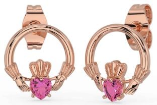 Pink Tourmaline Rose Gold Silver Claddagh Stud Earrings
