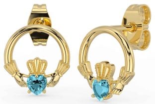 Aquamarine Gold Silver Claddagh Stud Earrings