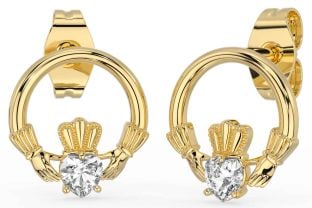 Diamond Gold Silver Claddagh Stud Earrings