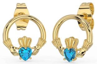 Topaz Gold Silver Claddagh Stud Earrings