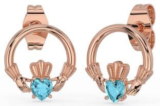 Aquamarine Rose Gold Claddagh Stud Earrings