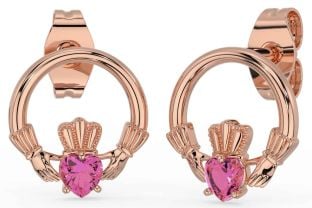 Roze Toermalijn Roos Goud Claddagh Stud Oorbellen