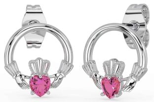 Pink Tourmaline Silver Claddagh Stud Earrings