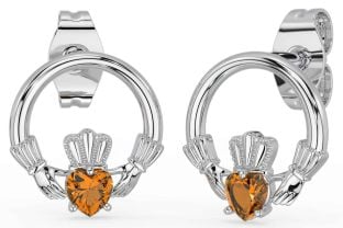 Citrin Weiß Gold Claddagh Zucht Ohrringe