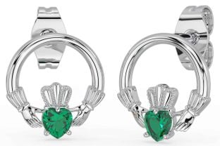 Emerald White Gold Claddagh Stud Earrings