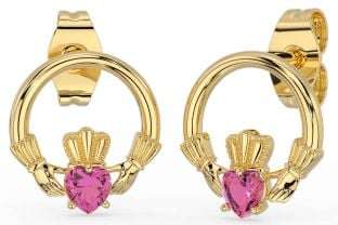 Pink Tourmaline Gold Claddagh Stud Earrings