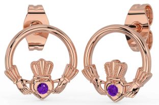 Amethyst Rose Gold Silver Claddagh Stud Earrings