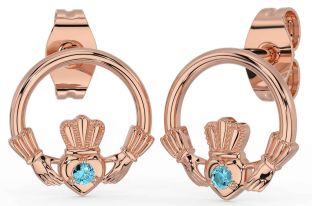 Aquamarine Rose Gold Silver Claddagh Stud Earrings