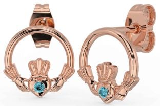 Aquamarine Rose Gold Silver Claddagh Stud Earrings