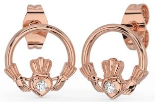 Diamond Rose Gold Silver Claddagh Stud Earrings