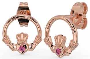 Pink Tourmaline Rose Gold Silver Claddagh Stud Earrings
