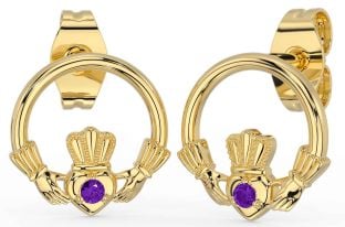 Amethyst Gold Silver Claddagh Stud Earrings