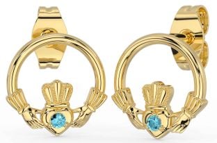Aquamarine Gold Silver Claddagh Stud Earrings