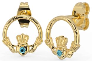 Aquamarine Gold Silver Claddagh Stud Earrings