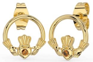 Citrine Gold Silver Claddagh Stud Earrings