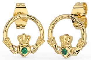 Emerald Gold Silver Claddagh Stud Earrings