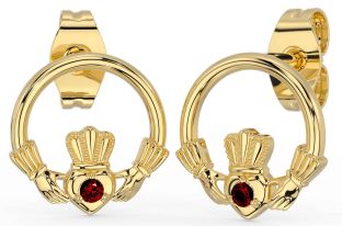 Garnet Gold Silver Claddagh Stud Earrings