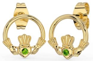 Peridot Gold Silver Claddagh Stud Earrings