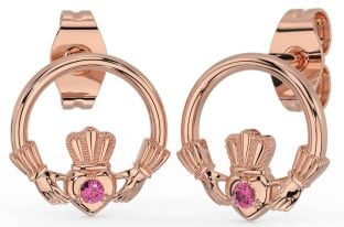 Roze Toermalijn Roos Goud Claddagh Stud Oorbellen