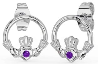 Amethyst White Gold Claddagh Stud Earrings